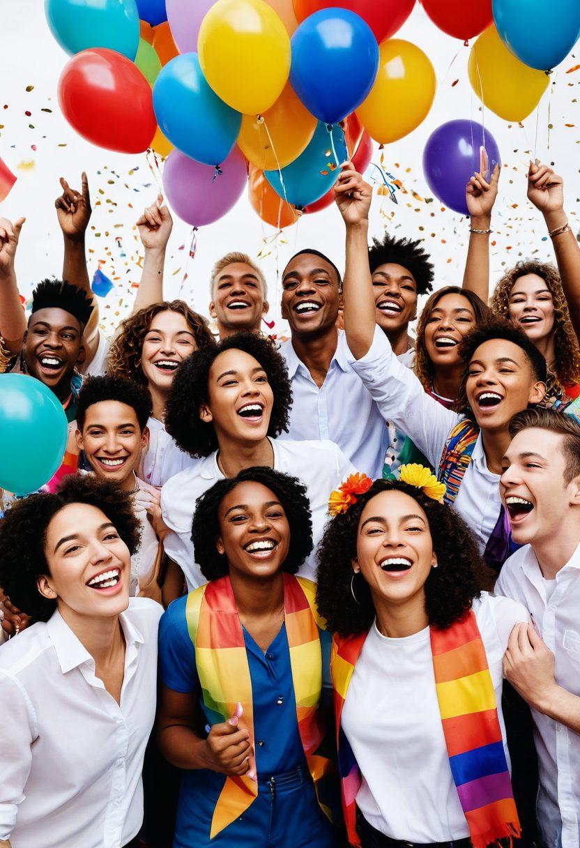 A vibrant celebration featuring diverse individuals of various genders, adorned in colorful attire and engaging in joyful expressions. The scene includes elements like rainbow flags, flowers, and cultural symbols, all set against a lively backdrop of confetti and balloons. The atmosphere is filled with love and inclusivity, highlighting a festive gathering of community. super-realistic. vibrant colors. white background.
