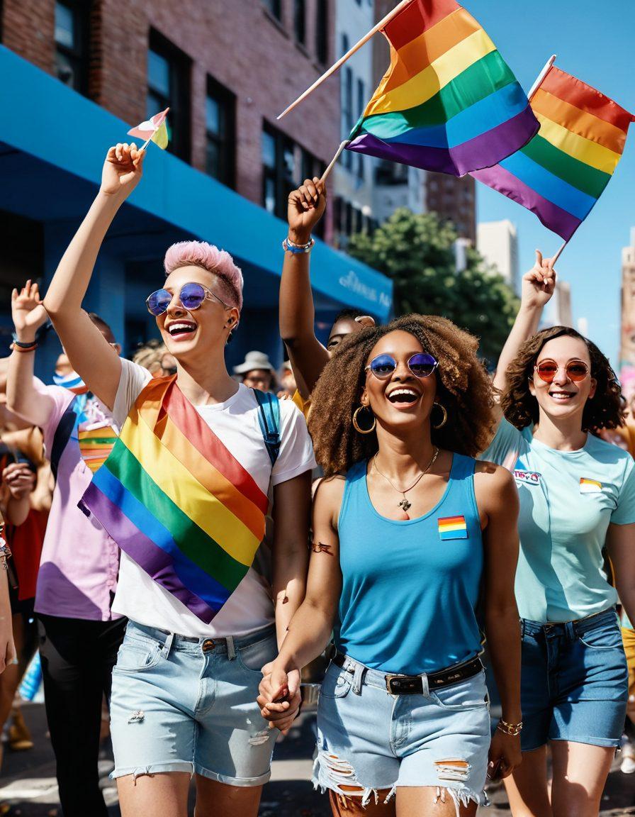 A vibrant pride parade scene filled with diverse individuals celebrating their gender identity, each adorned in colorful outfits and accessories, holding rainbow flags. The atmosphere is joyous, with confetti in the air and expressions of happiness on faces. In the background, a colorful cityscape glows under a bright blue sky. super-realistic. vibrant colors. 3D.