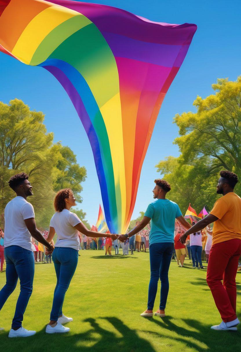 A colorful rainbow spectrum flowing through a serene park scene with diverse individuals celebrating their identities, dancing, and holding hands. In the background, a vibrant pride flag flutters against a bright blue sky. Each character represents different LGBTQ+ identities, showcasing joy and acceptance. The atmosphere exudes unity and love. super-realistic. vibrant colors. bright background.